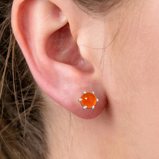 925 Silver Eartops with round Carnelian gemstone handmade in prongs setting with push closure