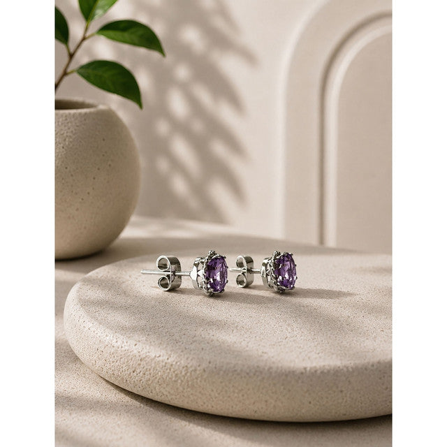 925 Sterling Silver Amethyst Stud Earrings, Purple Gemstone Push Lock