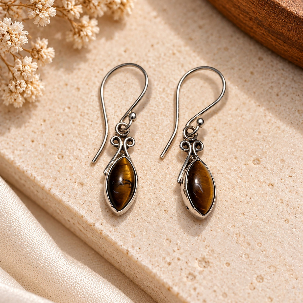 FUSIONARI 925 Sterling Silver Tiger Eye Gemstone Drop Earrings Jewellery