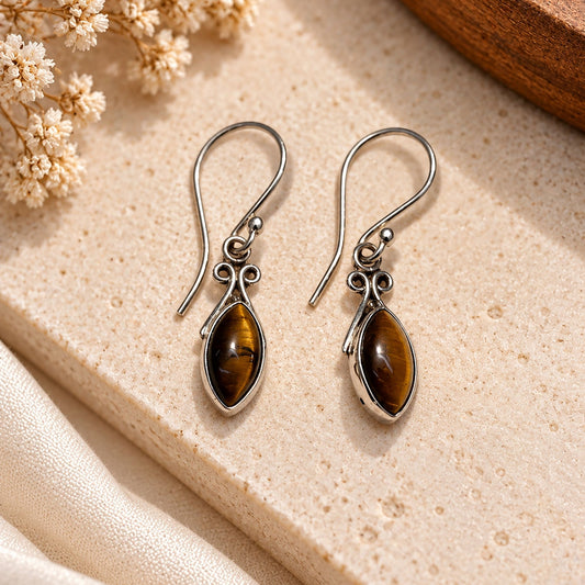 925 Sterling Silver Tiger Eye Drop Earrings Marquise Cabochon French Hook Traditional Jewelry