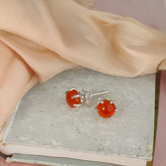 925 Silver Eartops with round Carnelian gemstone handmade in prongs setting with push closure