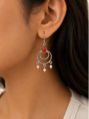 925 Sterling Silver Carnelian Stone Drop Earrings with Pearl Accents