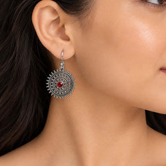 925 Silver Garnet Gemstone Earring Round Faceted in Bezel Setting with Oxidised Circular Design and Hook Earwire