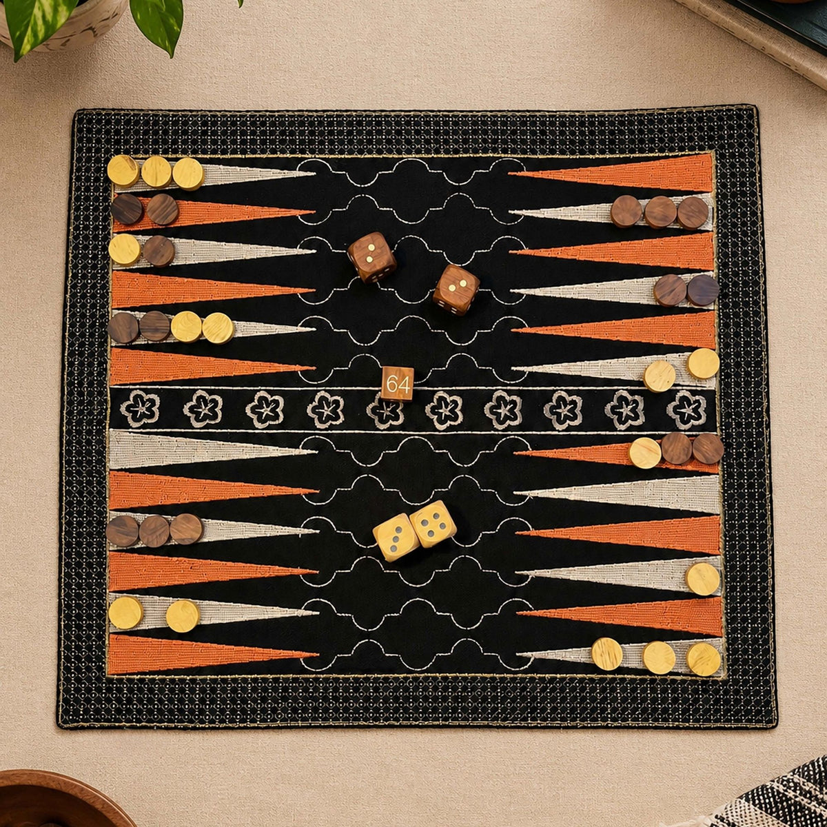 Board Game "BACKGAMMON" embroidered on cotton fabric with playing dice and wooden coins