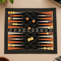 Board Game "BACKGAMMON" embroidered on cotton fabric with playing dice and wooden coins
