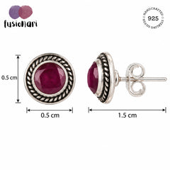 925 Silver Eartops with round faceted Ruby stone handmade in bezel setting with push closure