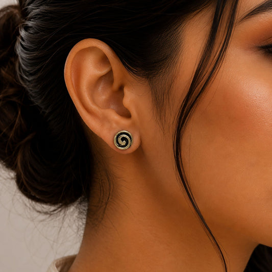 925 Sterling Silver Spiral Oxidised Round Tribal Swirl Stud Earrings