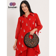 Black Suede Floral Embroidered Round Handbag, Hand Purse, Clutches with Thread Work for Women & Girls
