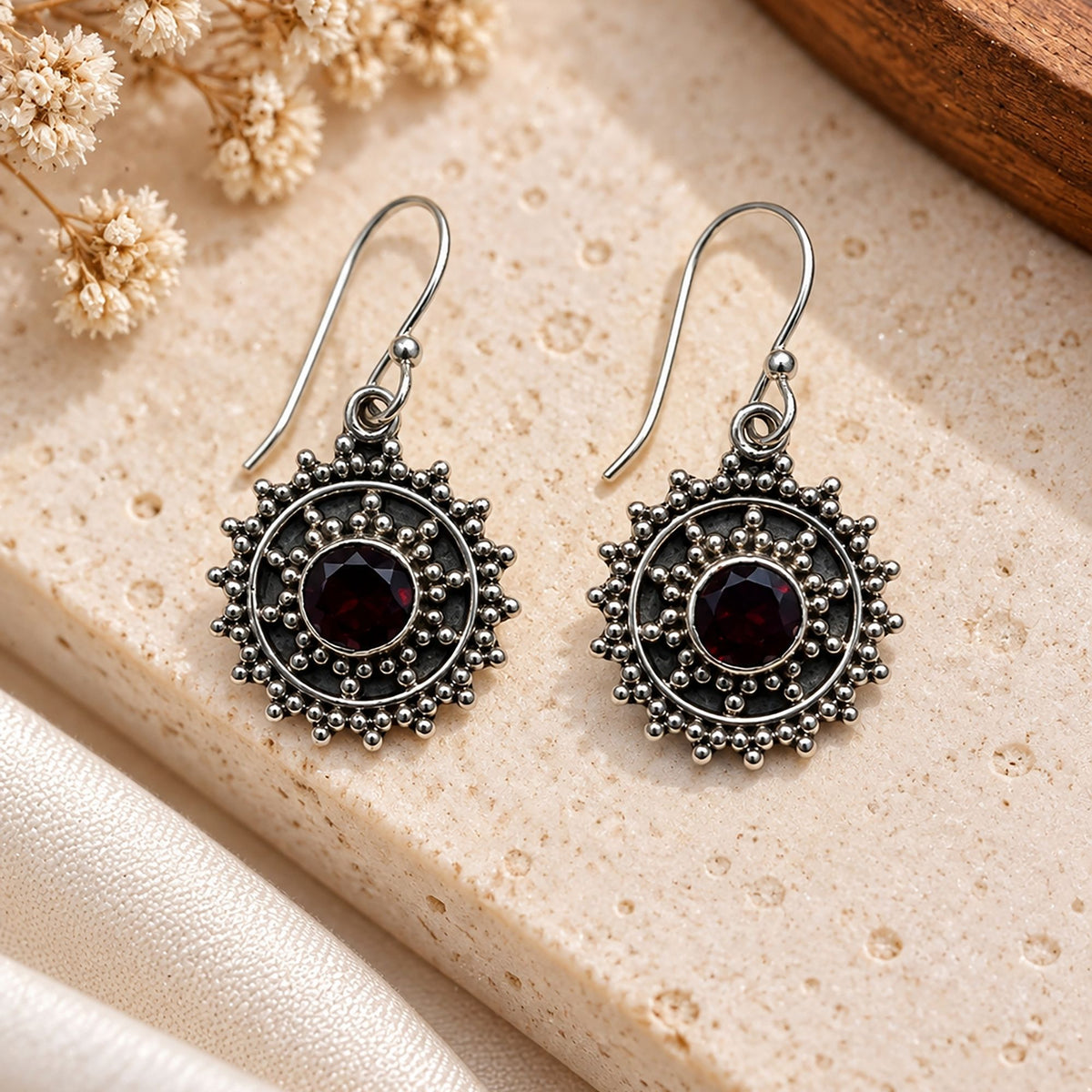 FUSIONARI 925 Sterling Silver Garnet Gemstone Drop Earrings Jewellery
