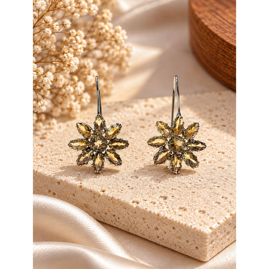 925 Sterling Silver Citrine Flower Drop Earrings Marquise Gemstone French Hook Floral Jewelry