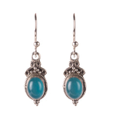 925 silver Oval Blue Chalcedony handmade earrings in bezel setting in oxidised finish with ball earwire.
