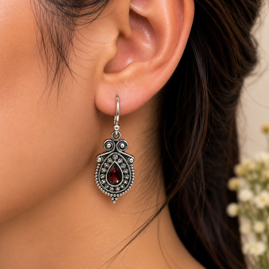 925 Sterling Silver Garnet Teardrop Dangle Earrings Oxidised Beaded Traditional Jewelry
