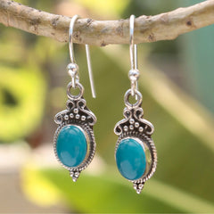 925 silver Oval Blue Chalcedony handmade earrings in bezel setting in oxidised finish with ball earwire.