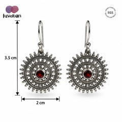 925 Silver Garnet Gemstone Earring Round Faceted in Bezel Setting with Oxidised Circular Design and Hook Earwire
