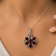 925 Sterling Silver Garnet Gemstone Flower Pendant For Women