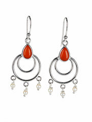 925 Sterling Silver Carnelian Stone Drop Earrings with Pearl Accents