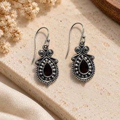 FUSIONARI 925 Sterling Silver Garnet Pear Shape Dangle Earrings