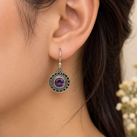 925 Sterling Silver Amethyst Oxidised Round Dangle Earrings Beaded French Hook Traditional Jewelry