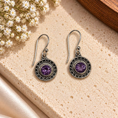 FUSIONARI 925 Sterling Silver Amethyst Round Dangle Earrings