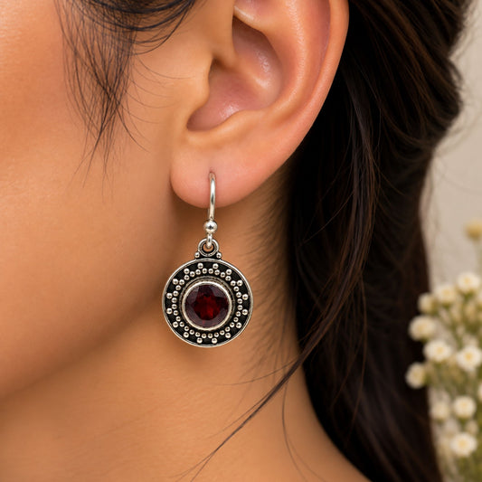 925 Sterling Silver Garnet Oxidised Round Dangle Earrings Beaded French Hook Traditional Jewelry