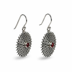 925 Silver Garnet Gemstone Earring Round Faceted in Bezel Setting with Oxidised Circular Design and Hook Earwire