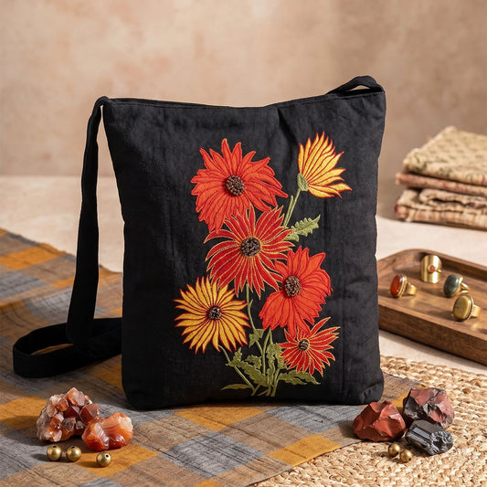 Handmade Floral Crossbody Black Bag made from Dupion & cotton Duck Fabric with Embroidery For Women & Girls