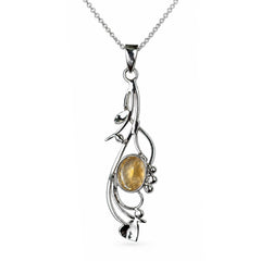 925 Silver Handmade Citrine Gemstone Oval Pendant Curved Leaf Design