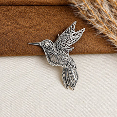 925 Silver Hummingbird Brooch Intricate Filigree Openwork Design with C-Clasp Locking Pin Closure