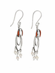 925 Sterling Silver Carnelian Stone Drop Earrings with Pearl Accents