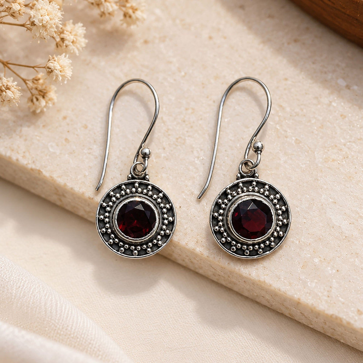 FUSIONARI 925 Sterling Silver Garnet Round Drop Earrings