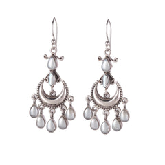 925 Silver Earrings with Drop shape pearl stone in bezel setting traditional "Chandbali" design in oxidised finish with ball earwire.