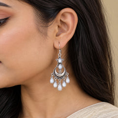 925 Silver Earrings with Drop shape pearl stone in bezel setting traditional "Chandbali" design in oxidised finish with ball earwire.