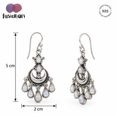 925 Silver Earrings with Drop shape pearl stone in bezel setting traditional "Chandbali" design in oxidised finish with ball earwire.