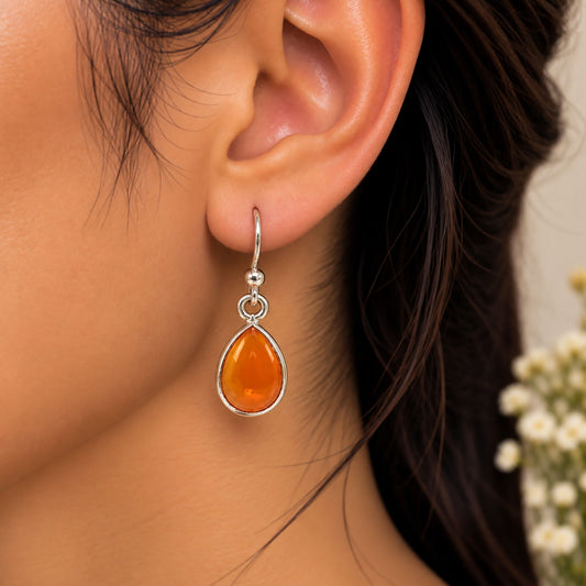 925 Sterling Silver Carnelian Teardrop Dangle Earrings Cabochon French Hook Traditional Jewelry