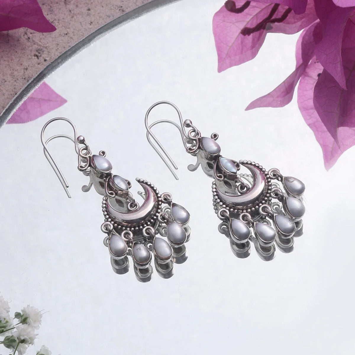925 Silver Earrings with Drop shape pearl stone in bezel setting traditional "Chandbali" design in oxidised finish with ball earwire.