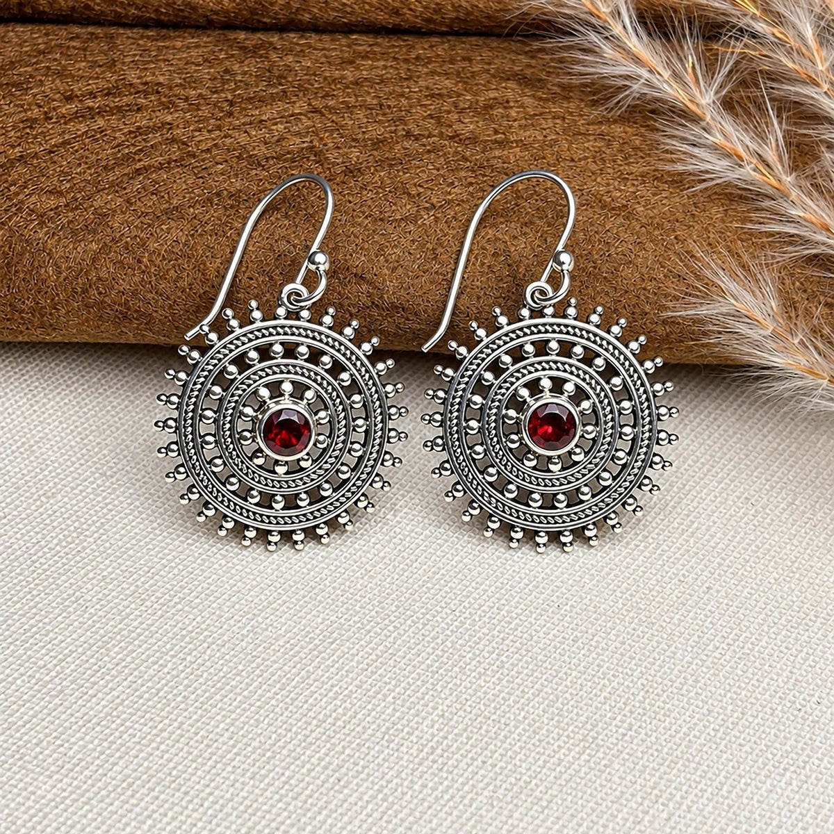 925 Silver Garnet Gemstone Earring Round Faceted in Bezel Setting with Oxidised Circular Design and Hook Earwire