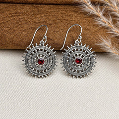925 Silver Garnet Gemstone Earring Round Faceted in Bezel Setting with Oxidised Circular Design and Hook Earwire