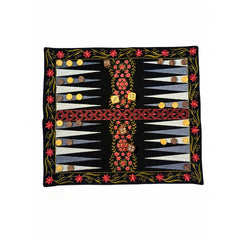 Board Game "BACKGAMMON" Embroidered Cotton Fabric Mat with Wooden Playing Coins and Dice, Traditional Tabletop Game