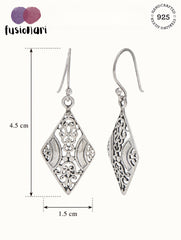 925 Sterling Silver Filigree Diamond Shape Dangle Earrings