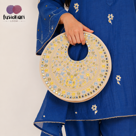 Beige Suede Floral Embroidered Round Handbag, Hand Purse, Clutches with Patra Mirror Work for Women & Girls