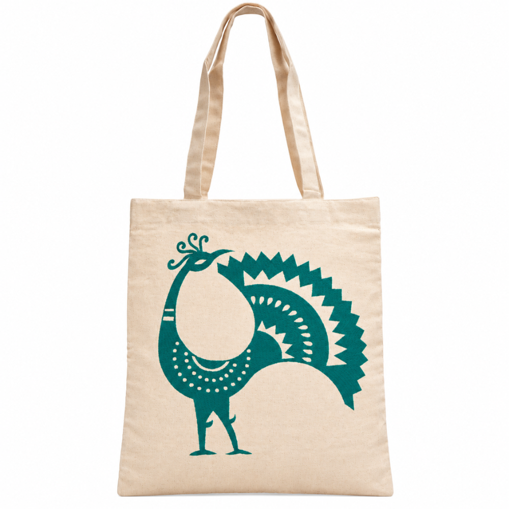 Handmade White Flex Cotton Tote Bag with Peacock Embroidery Shoulder Bag | Blue