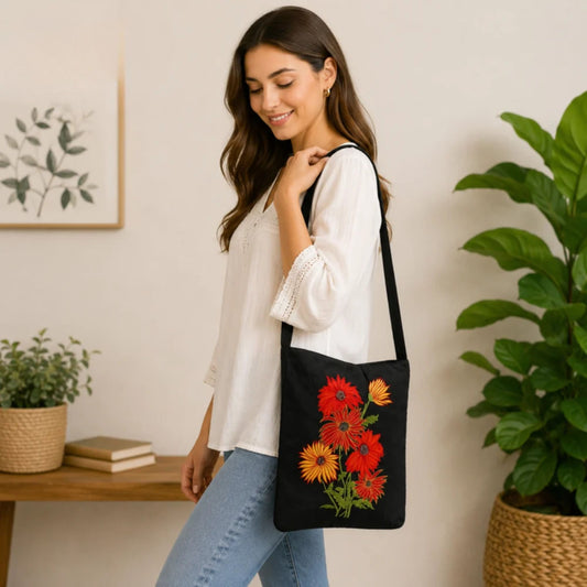 Handmade Floral Crossbody Black Bag made from Dupion & cotton Duck Fabric with Embroidery For Women & Girls