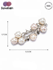 925 Sterling Silver White Pearl Cluster Leaf Brooch Pin for Women and Girls