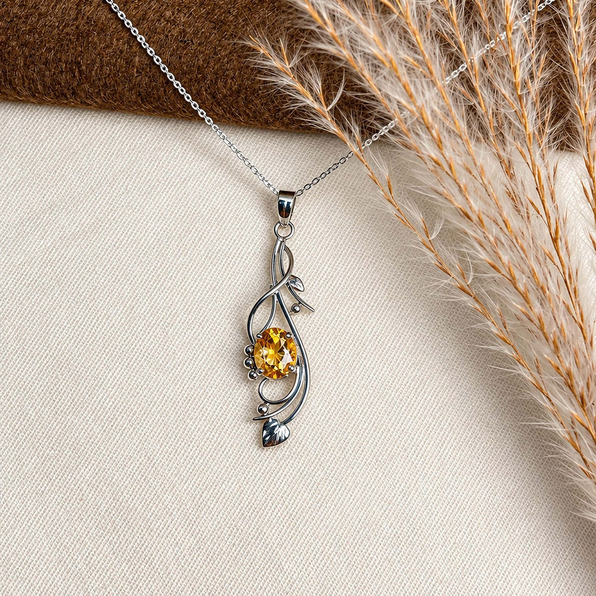 925 Silver Handmade Citrine Gemstone Oval Pendant Curved Leaf Design