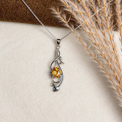 925 Silver Handmade Citrine Gemstone Oval Pendant Curved Leaf Design