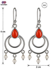 925 Sterling Silver Carnelian Stone Drop Earrings with Pearl Accents