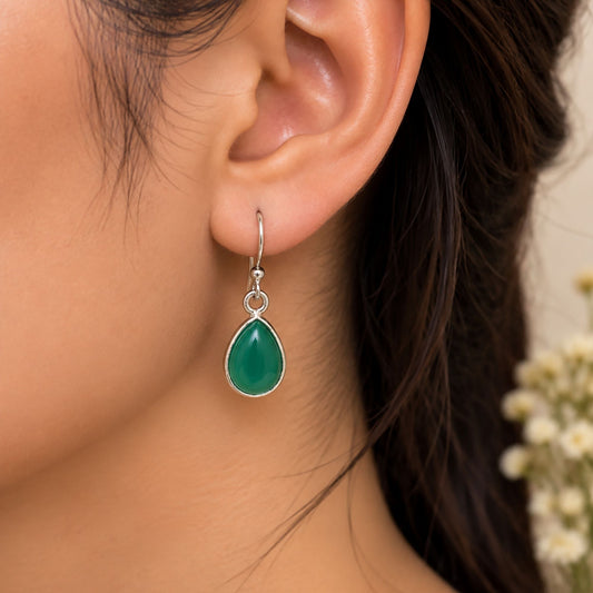 925 Sterling Silver Green Onyx Teardrop Dangle Earrings Cabochon French Hook Traditional Jewelry
