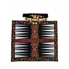 Board Game "BACKGAMMON" Embroidered Cotton Fabric Mat with Wooden Playing Coins and Dice, Traditional Tabletop Game