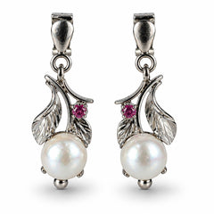 925 Silver Pearl & Ruby Gemstone Earring Handmade Round Cabochon in Prong Setting with Floral Leaf Design and Drop Earwire