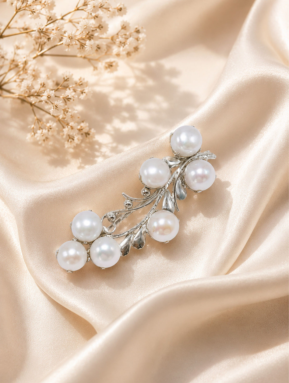 925 Sterling Silver White Pearl Cluster Leaf Brooch Pin for Women and Girls